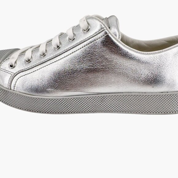 Prada Cap Toe Low Top Sneakers Size 41 US 11 Metallic Silver Leather Logo Shoe - Picture 8 of 14